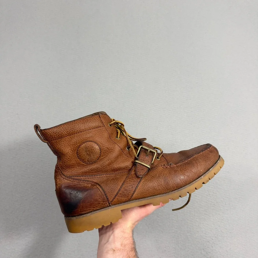 Polo Ralph Lauren Boots Mens 12 Brown Redmond-BO Leather Moc Toe Buckle Lug Sole